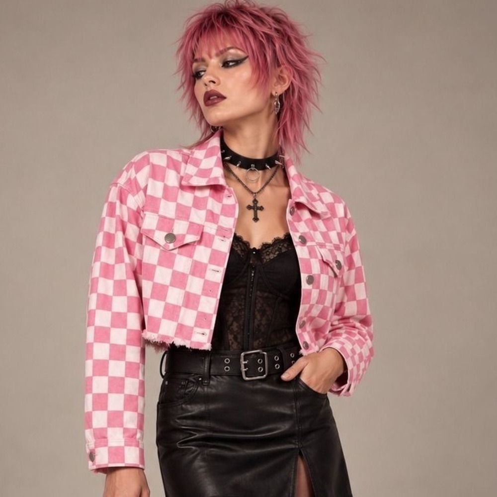 American Bazi Womens Small Pink Checkerboard Cropped Cotton Jacket Raw Hem